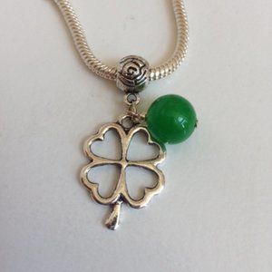 Four Leaf Clover Sterling Silver Plated Dangling Charm Bead with Jade Ball